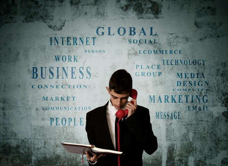 man talking on the phone with the wordsの写真素材