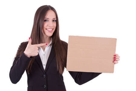 girl with cardboard sign isolatedの写真素材