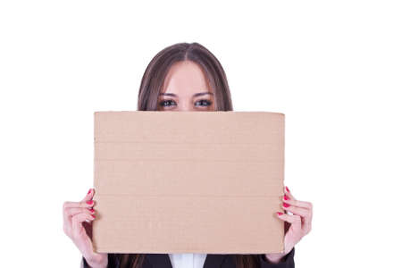 girl with cardboard sign isolatedの写真素材