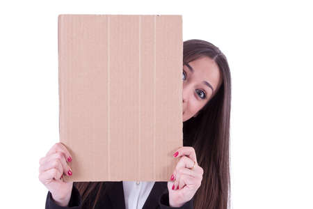 girl with cardboard sign isolatedの写真素材