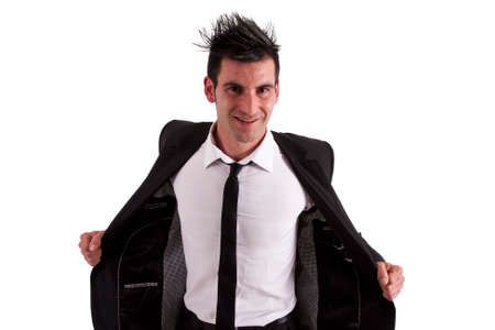 man in suit and jacket open