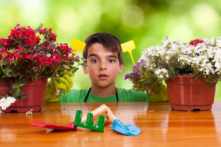 child Gardener kit, plants and flowersの写真素材