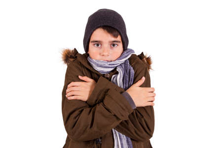 portrait of child warm in cold isolated