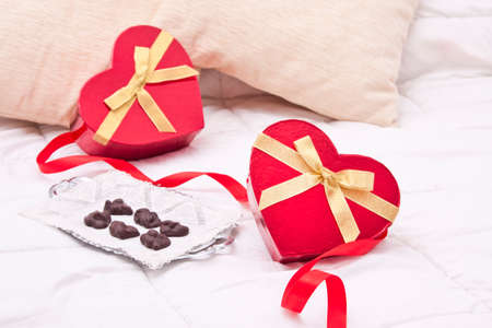 gift boxes with heart shape in the bedroom