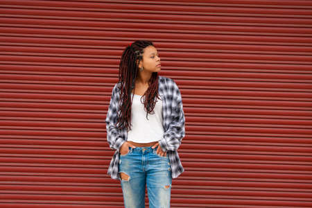girl with braids on the streetの写真素材