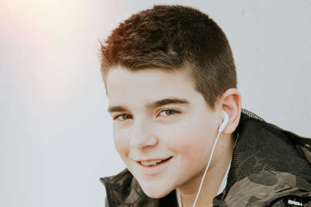 young boy portrait outdoorsの写真素材