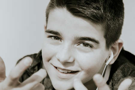 young boy portrait outdoorsの写真素材