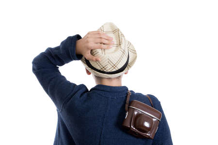 child with camera and hat isolated on white backgroundの写真素材