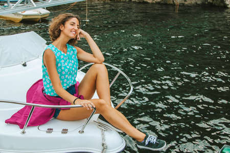 girl on the yacht sun in summer, holidayの写真素材