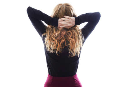 woman with folded arms isolated in whiteの写真素材