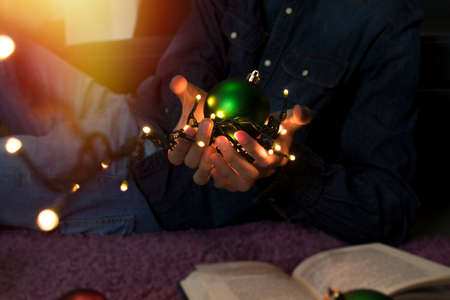 decorations, lights and christmas giftsの写真素材