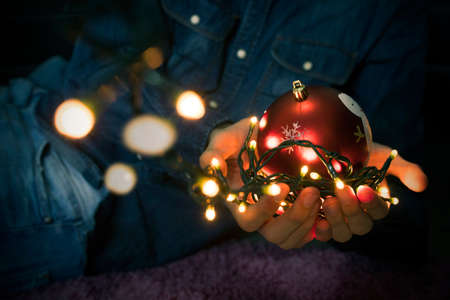 decorations, lights and christmas giftsの写真素材