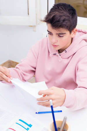 teenage boy studying at school or at homeの写真素材