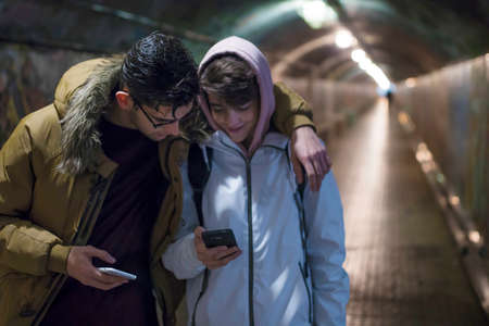 friends in the underground of the cityの写真素材