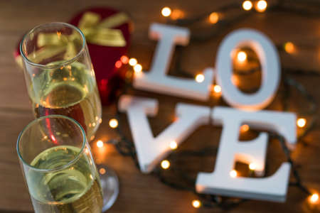 champagne glasses with love message of valentine's dayの写真素材