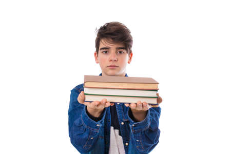 student with books isolated in whiteの写真素材