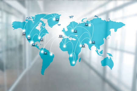 Map of the world with network of connected computers