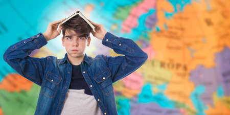 student with stress and surprise with books