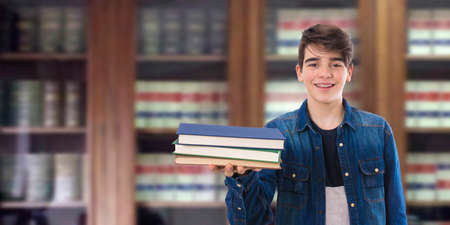 student portrait with books and expression