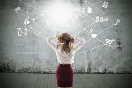 business woman stressed with digital network content