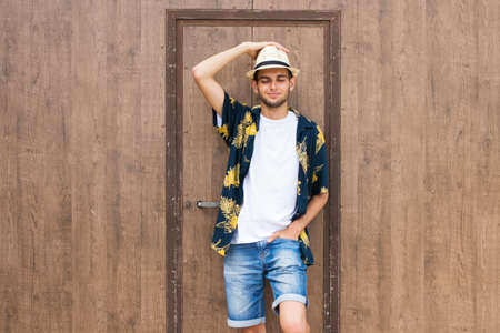 young to summer fashion in outdoor street with backgroundの写真素材