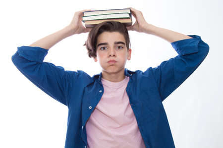student with books isolated in white backgroundの写真素材