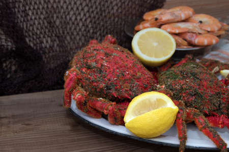 fresh seafood with lemon, spider crabsの写真素材