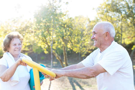 happy older people doing outdoor sports, couplesの写真素材
