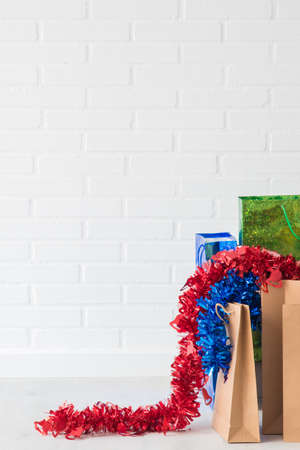 shopping bags with christmas ornaments, christmas purchasesの写真素材