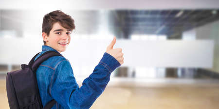 students with backpack and hand saluting positive, okayの写真素材