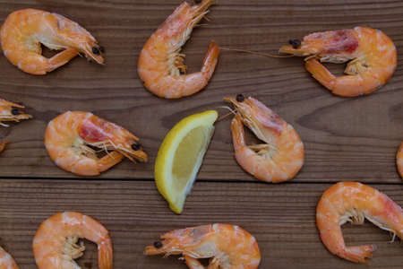 seafood, prawns prepared and stackedの写真素材