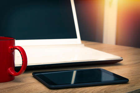 table with laptop and graphic tabletの写真素材