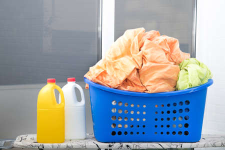 cleaning products with washing clothes, laundryの写真素材