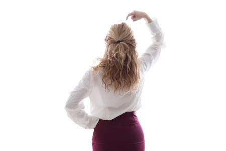 business woman thinking isolated and cut in white backgroundの写真素材