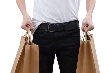 holding shopping bags isolated in white