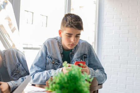 young or teen with mobile phone and computer