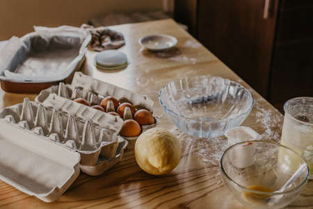 table with ingredients and baking utensilsの写真素材