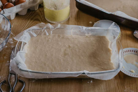 sponge cake dough on the cooking trayの写真素材