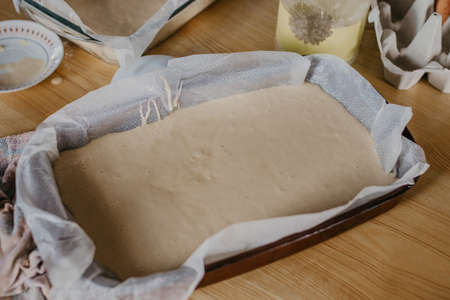 sponge cake dough on the cooking trayの写真素材