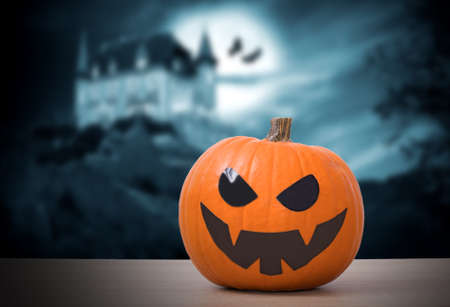halloween pumpkin with night background with castle, halloween night