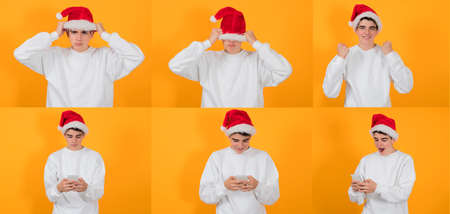 collection or set of portraits of young man with santa claus hat