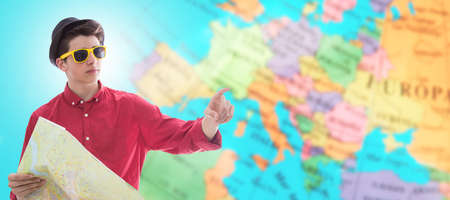 young tourist with map and travel destinations background