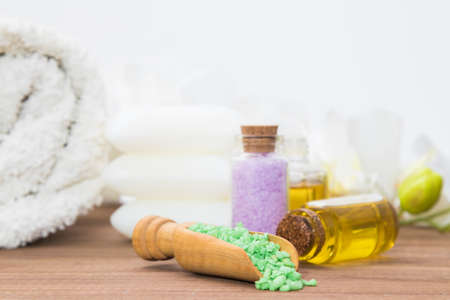 mineral salts with natural and aromatic spa and massage oilsの写真素材