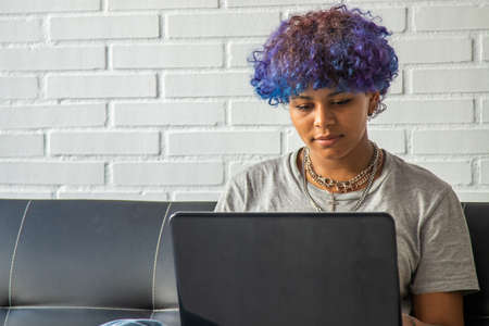 pretty young afro american woman using computer at home