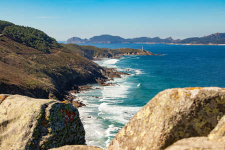 panoramic landscape of Cabo Home in Pontevedra, Galicia, with the Cies Islandsの写真素材