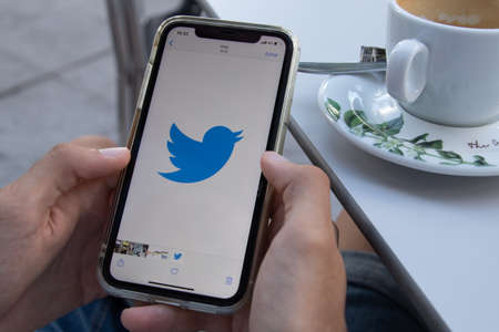 Galicia, Spain - August 21, 2020: Twitter application button on smartphoneのeditorial素材