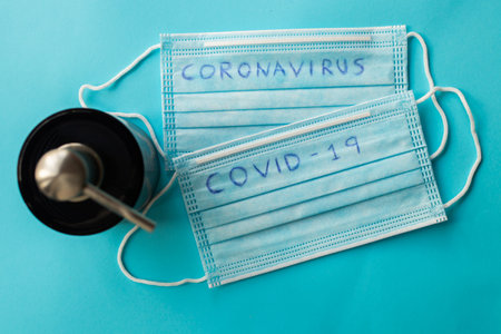 sanitary mask and protection gel against coronavirusの写真素材
