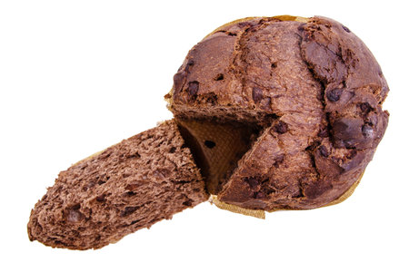cut chocolate panettone isolated on white backgroundの写真素材