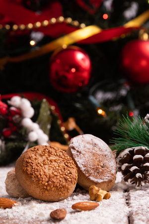 traditional christmas powders on rustic wood with ornamentsの写真素材