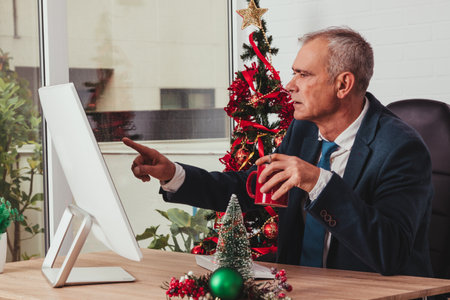 businessman at christmas working in the officeの写真素材